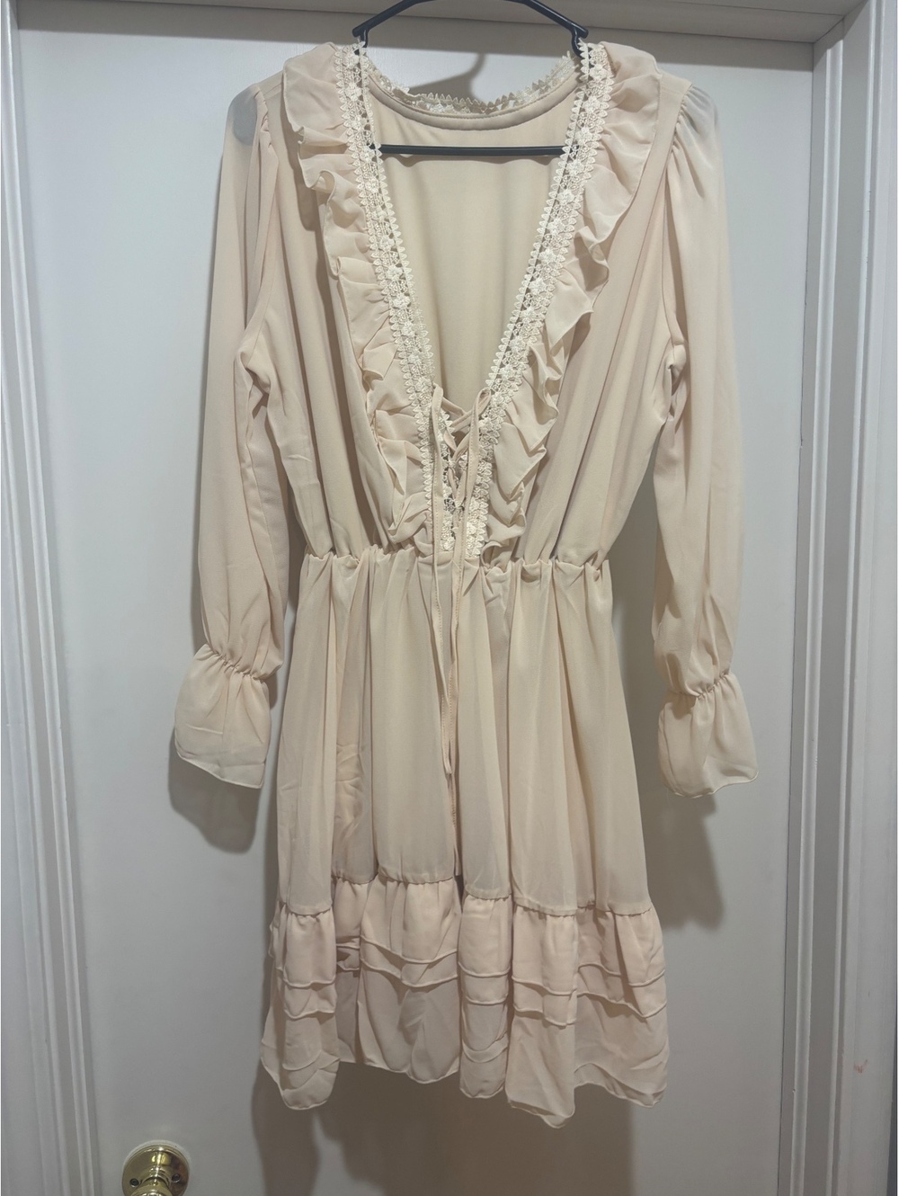 Boho Lace Ruffle Mini Dress Cream Cottagecore Festival Western Size Large - Picture 1 of 7